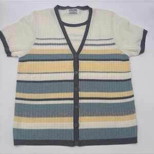 ALFRED DUNNER Mock Cardigan Style Top S Cream Gray Striped